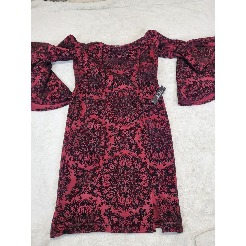 NWT Venue Burgundy Red Black Velvet Off Shoulder Bell Sleeve Sheath Dress 12